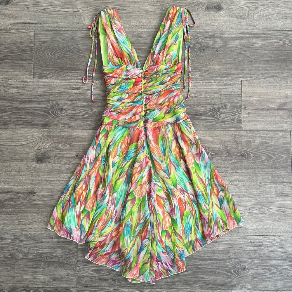 VTG ABS Allen Shwartz Fit & Flare Dress Size 2 Colorful Floral Ruched Fairy 80s - Picture 7 of 11